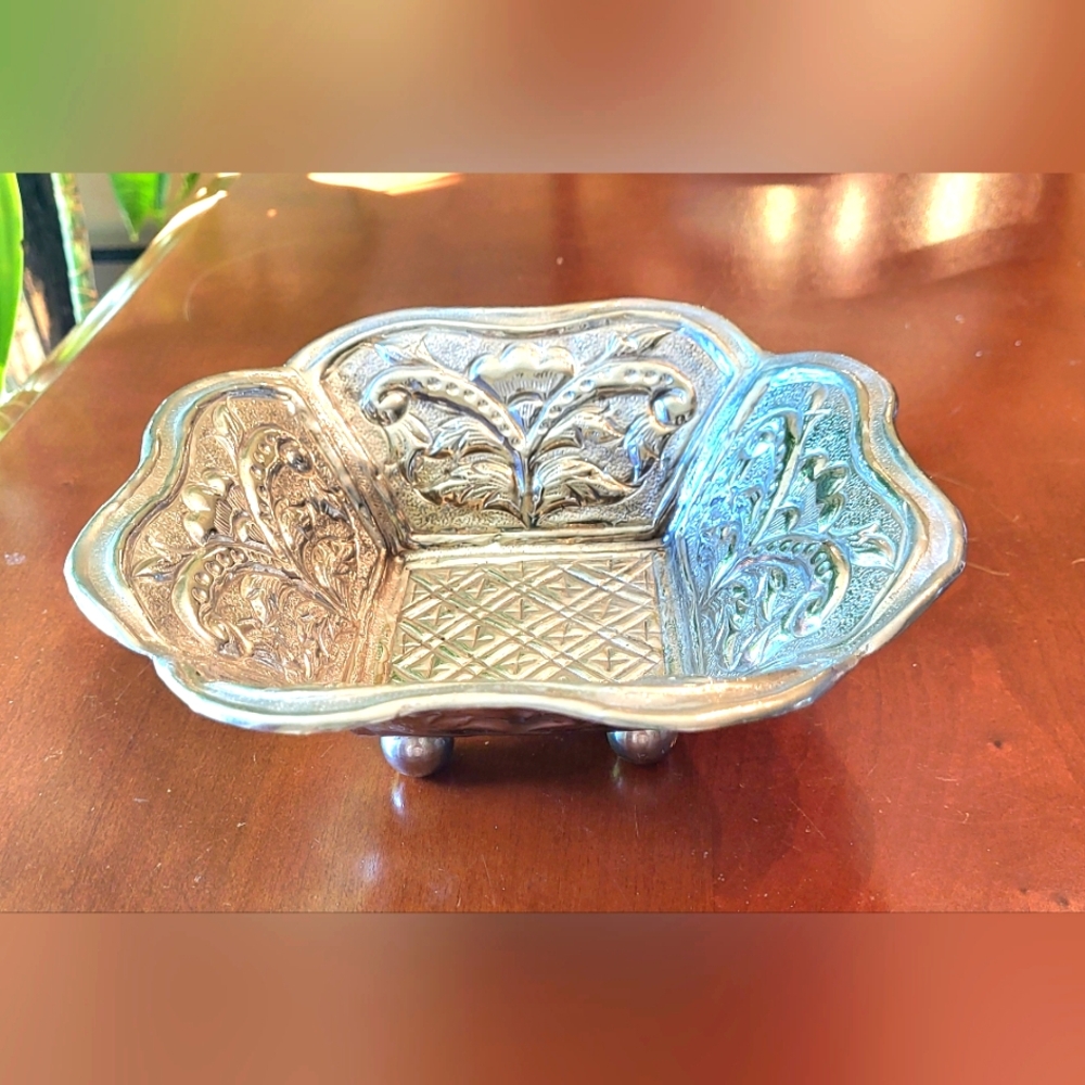 Silver-plated Square Footed Metal Bowl Turkish Indian Ornate Candy Hand Tooled